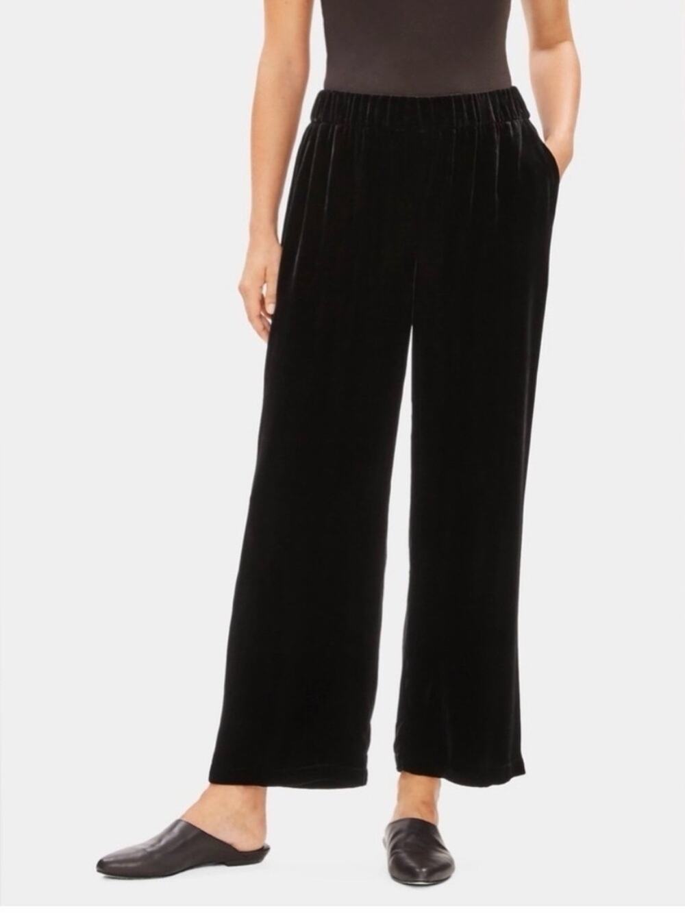 New Eileen Fisher black velvet wide-leg pants pull on size XXS